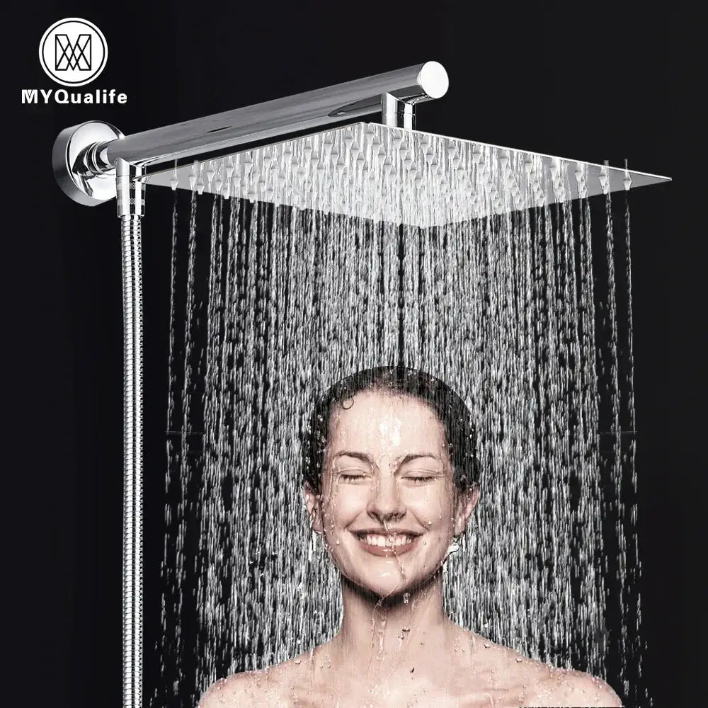 Modern chrome square rainfall shower head set with rectangular chrome finish and adjustable height for bathroom use
