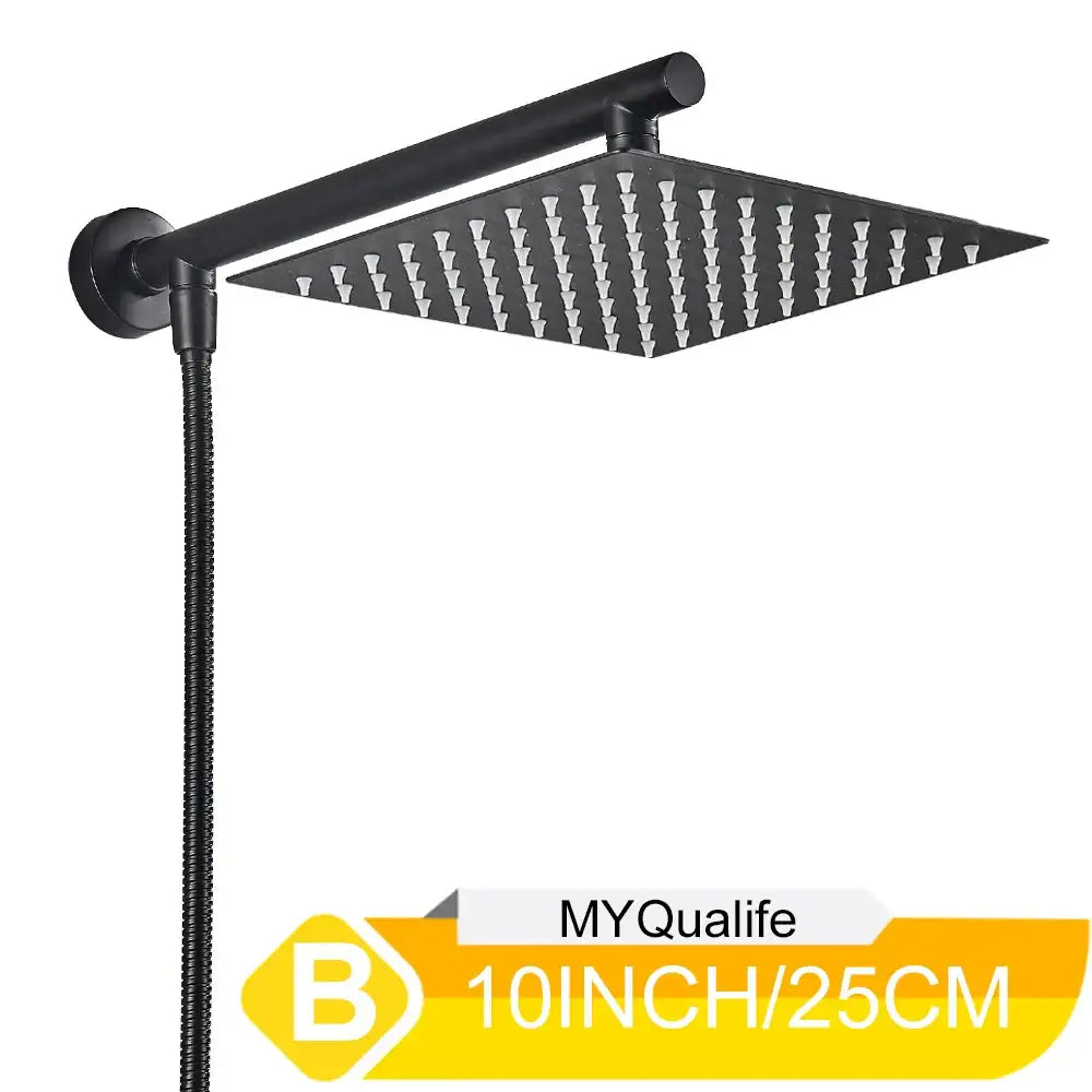 Black matte square shower head with multiple nozzles and sleek modern design in an adjustable height shower head set
