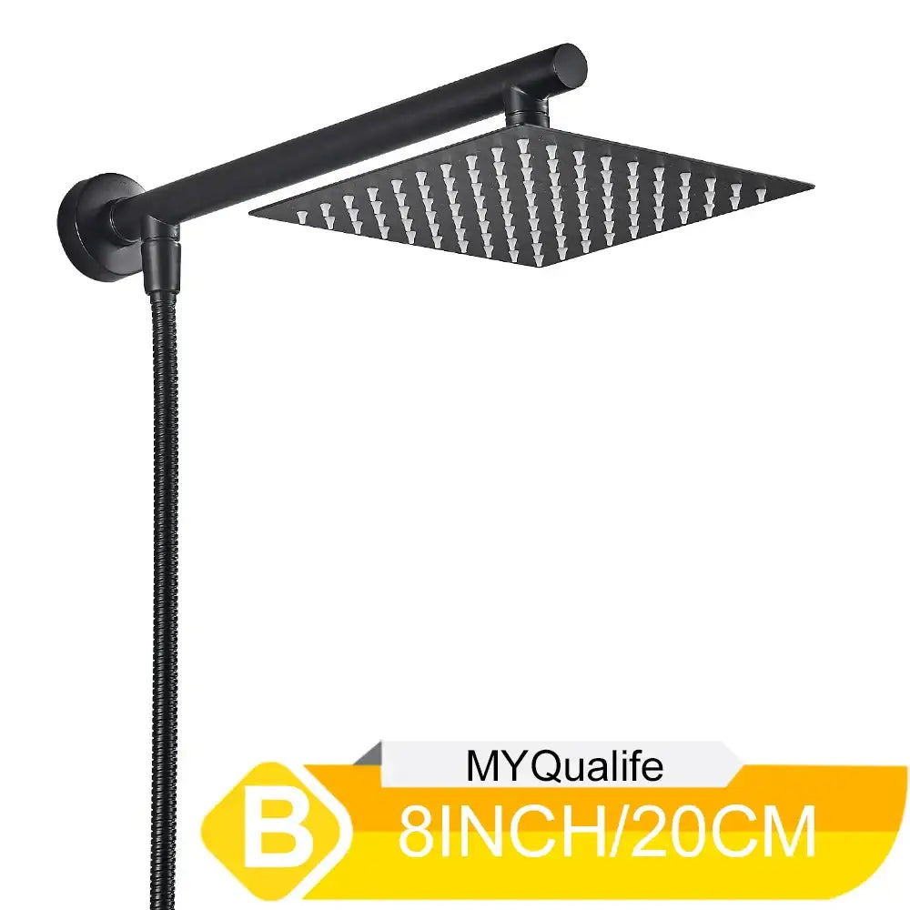 Black matte 8-inch square shower head set with multiple nozzles in a modern adjustable height rainfall design