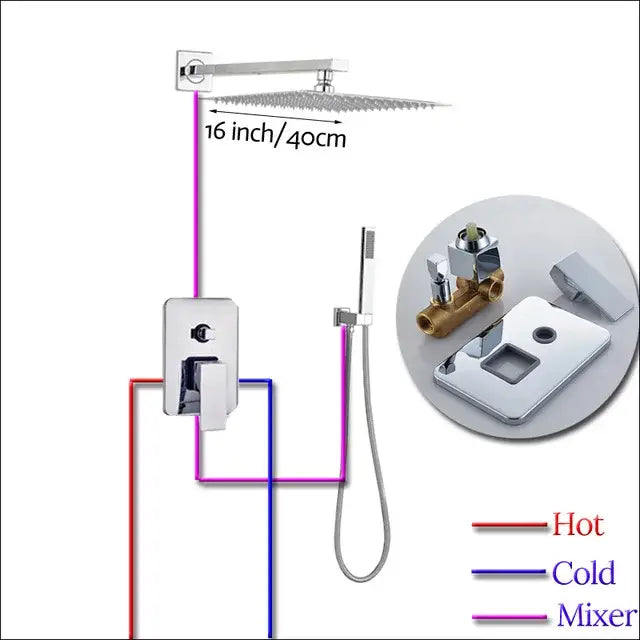 Modern chrome square shower faucet set with 16-inch rainfall showerhead, wall-mounted control panel, and handheld shower