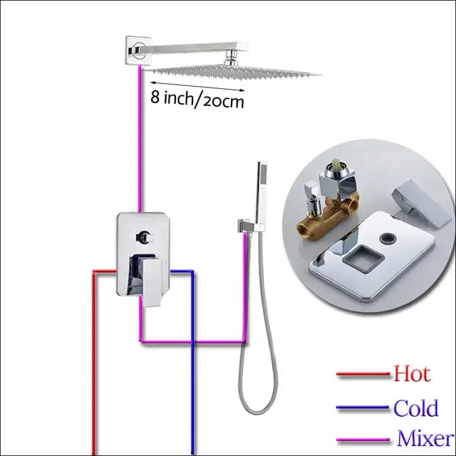 Modern chrome square shower faucet set with 8-inch rainfall showerhead wall control panel and handheld attachment