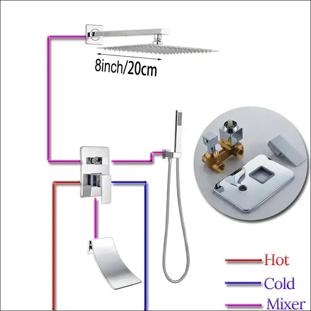 Chrome finished 8 inch square showerhead with integrated nozzles in modern chrome shower faucet set for bathroom use