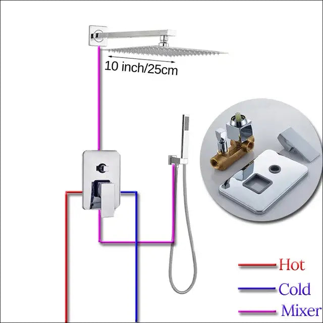 Modern chrome square shower faucet set with 10-inch rainfall showerhead wall mount and handheld shower attachment