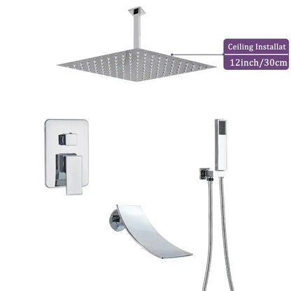 Modern chrome square shower faucet set with 12-inch chrome-finished ceiling-mounted rain shower head