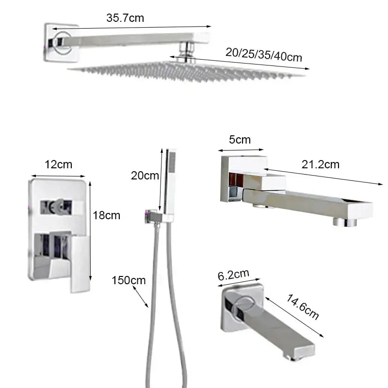 Modern chrome square shower faucet set with rain showerhead handheld shower and integrated control panel