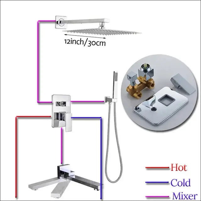 Modern chrome square shower faucet set with 12-inch chrome finished rainfall showerhead for bathroom use