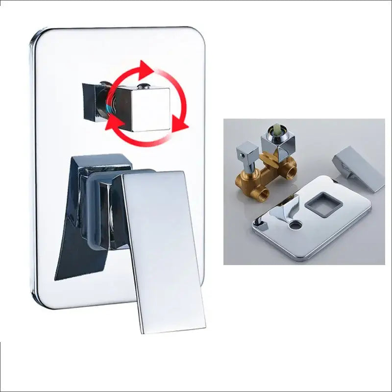 Modern chrome square shower faucet set with sleek rectangular wall-mounted mixer and integrated temperature control knob