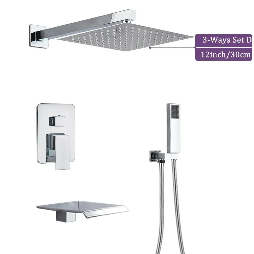 Modern chrome square shower faucet set with 12-inch chrome-finished rainfall showerhead in minimalist design