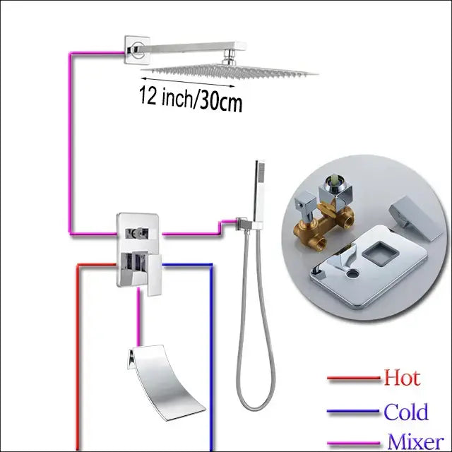 Modern chrome square shower faucet set with 12-inch chrome finished rain showerhead for sleek bathroom use