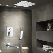 Modern chrome square shower faucet set with rain showerhead featuring a grid of small perforations chrome finish