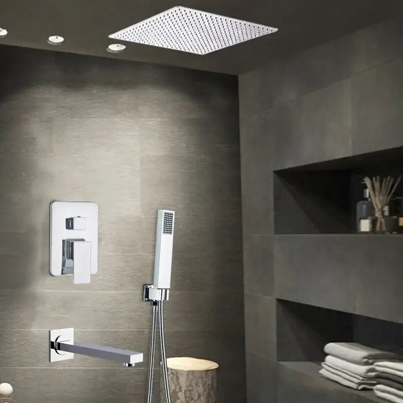 Modern chrome square shower faucet set with rain showerhead featuring a grid of small perforations chrome finish