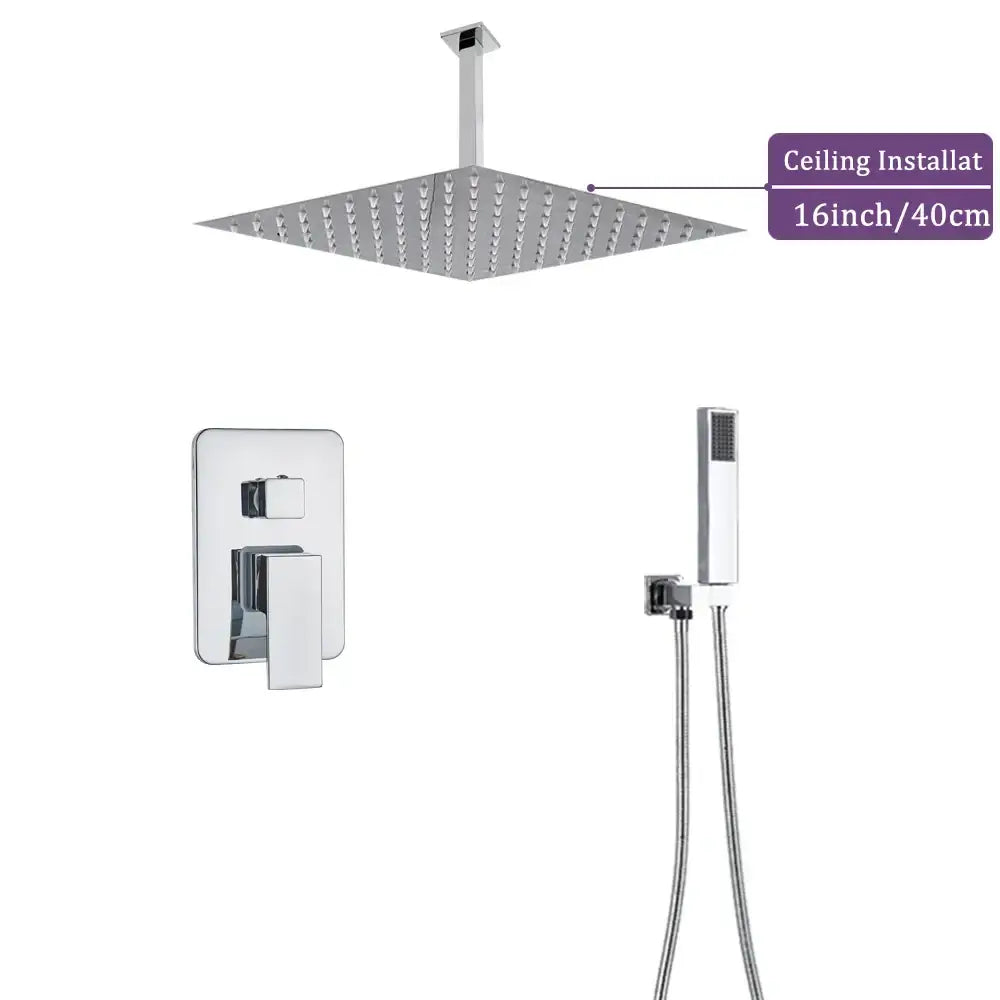 Modern chrome square 16-inch rain shower faucet set with hand-held spray nozzle and wall-mounted control valve