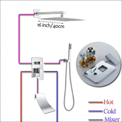Chrome finished 16-inch square modern showerhead with sleek design in a shower faucet set bathroom rain showerhead