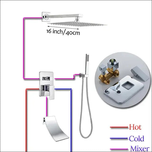 Chrome finished 16-inch square modern showerhead with sleek design in a shower faucet set bathroom rain showerhead