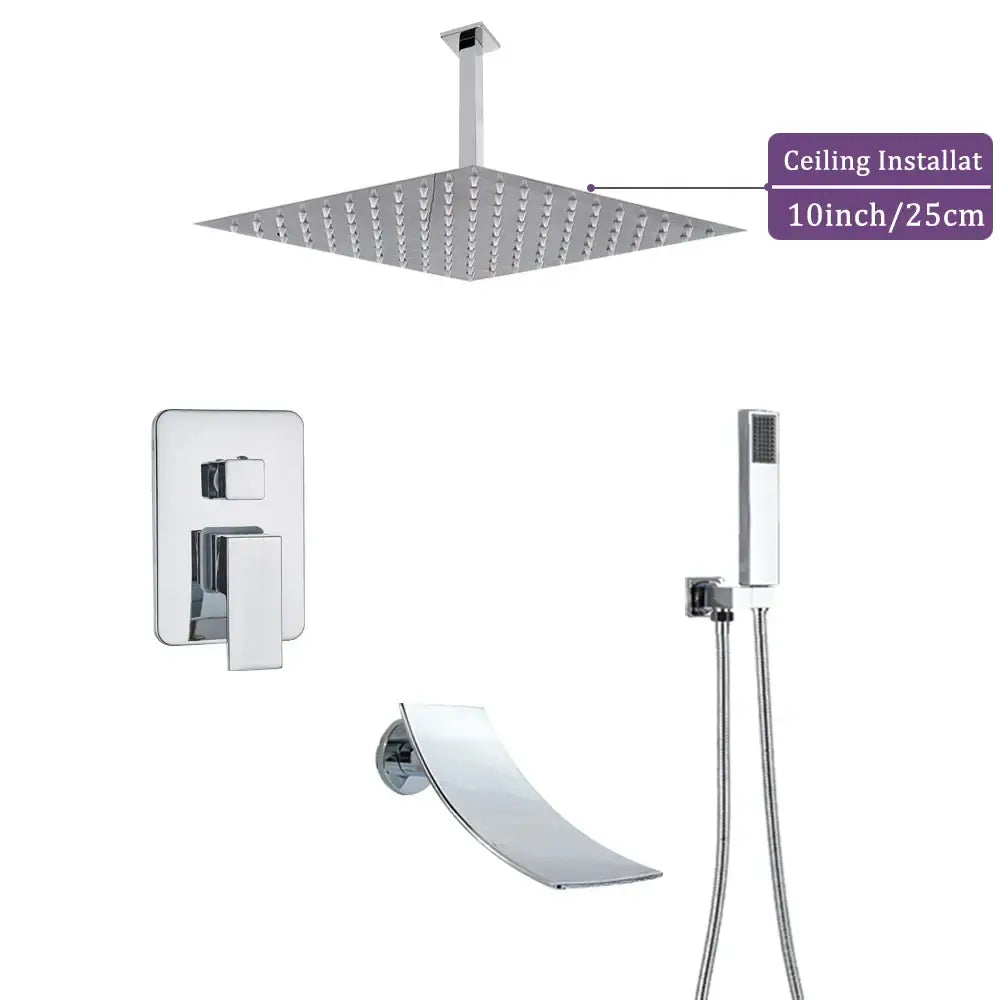 Modern chrome square shower faucet set with 10-inch chrome finished ceiling-mounted rain shower head