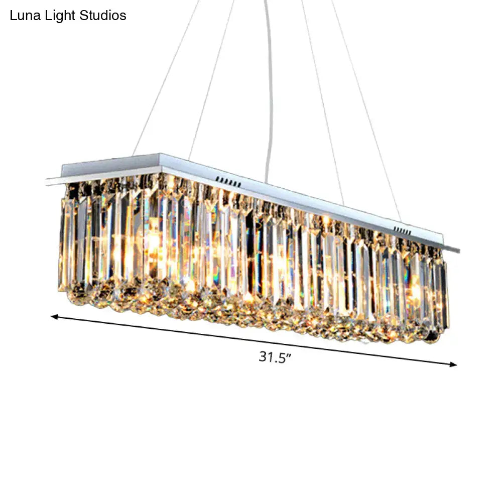 DecorBites modern rectangular crystal pendant island lamp with stainless steel frame and clear prisms for restaurants