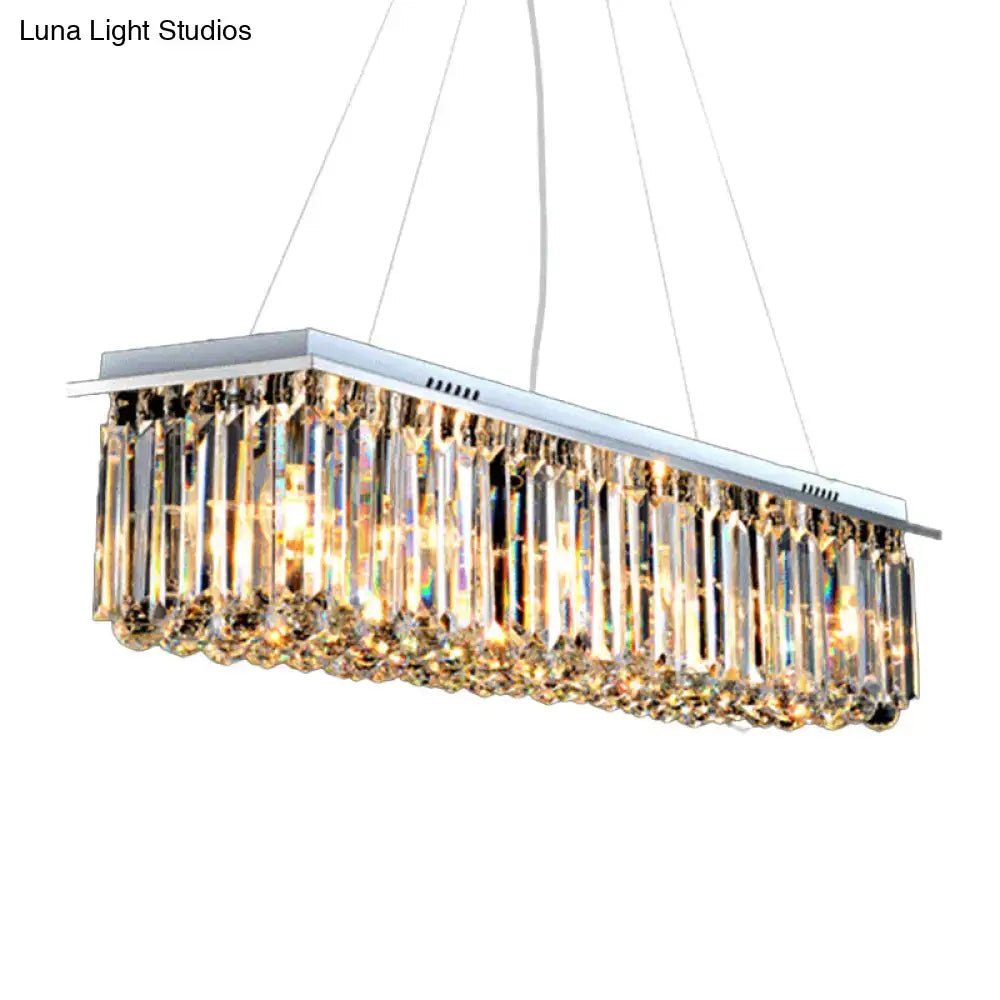 Rectangular crystal chandelier with sleek chrome frame and cascading clear prisms stainless steel ideal for restaurants