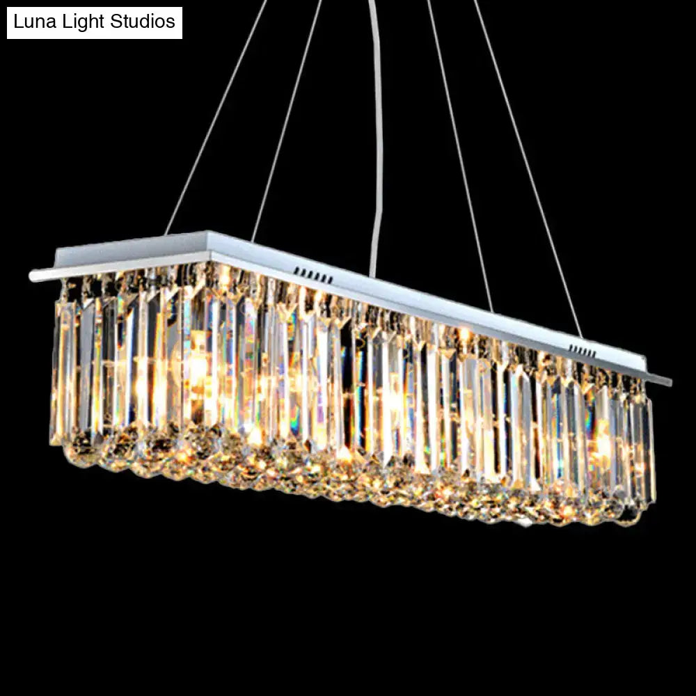 DecorBites™ modern rectangular crystal pendant island lamp with clear prisms and stainless steel frame for restaurants
