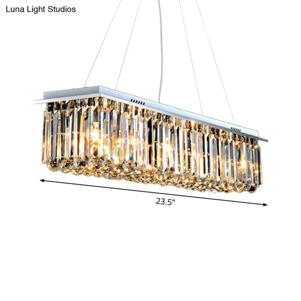 DecorBites modern crystal pendant island lamp with rectangular shape stainless steel frame and clear glass prisms for restaurants