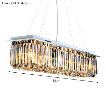DecorBites™ modern crystal pendant island lamp with rectangular stainless steel frame and cascading clear prisms