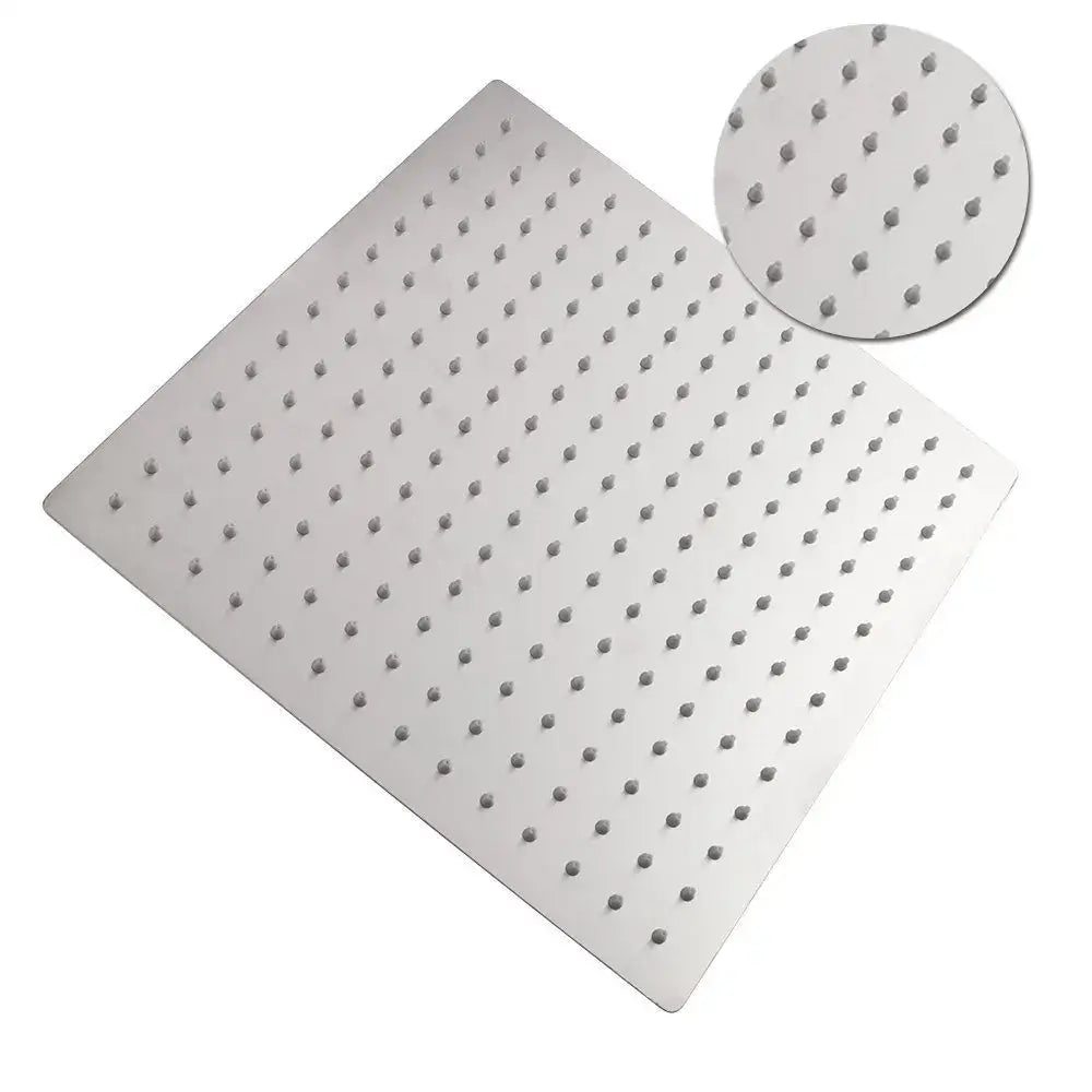 Modern chrome stainless steel rainfall shower head with a square shape silver finish and evenly spaced perforations