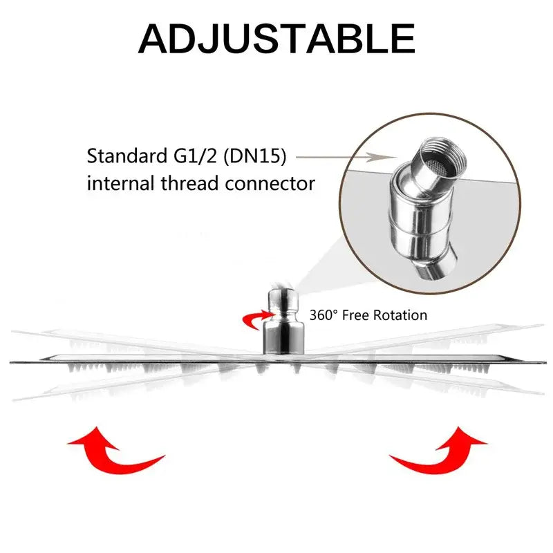Modern chrome stainless steel rainfall shower head with adjustable 360-degree rotation and g1/2 internal thread connector