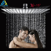 Modern chrome stainless steel rainfall shower head with silver-toned square design and adjustable angle indicator