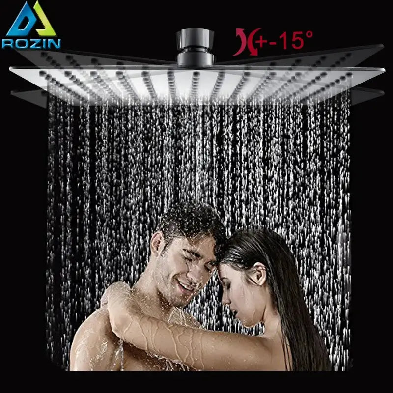 Modern chrome stainless steel rainfall shower head with silver-toned square design and adjustable angle indicator