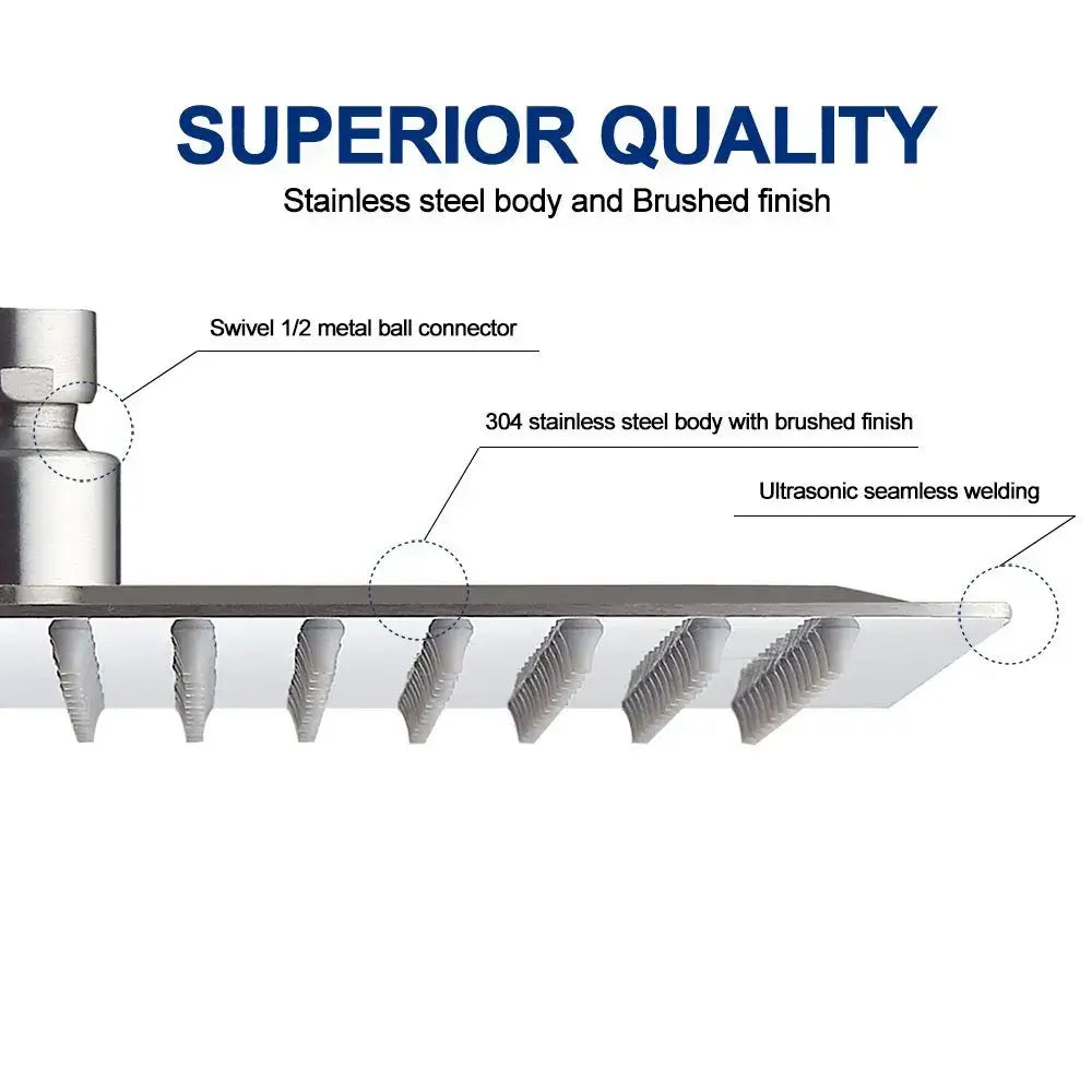 A sleek modern chrome stainless steel rainfall shower head with swivel 1/2 metal ball connector and seamless welding