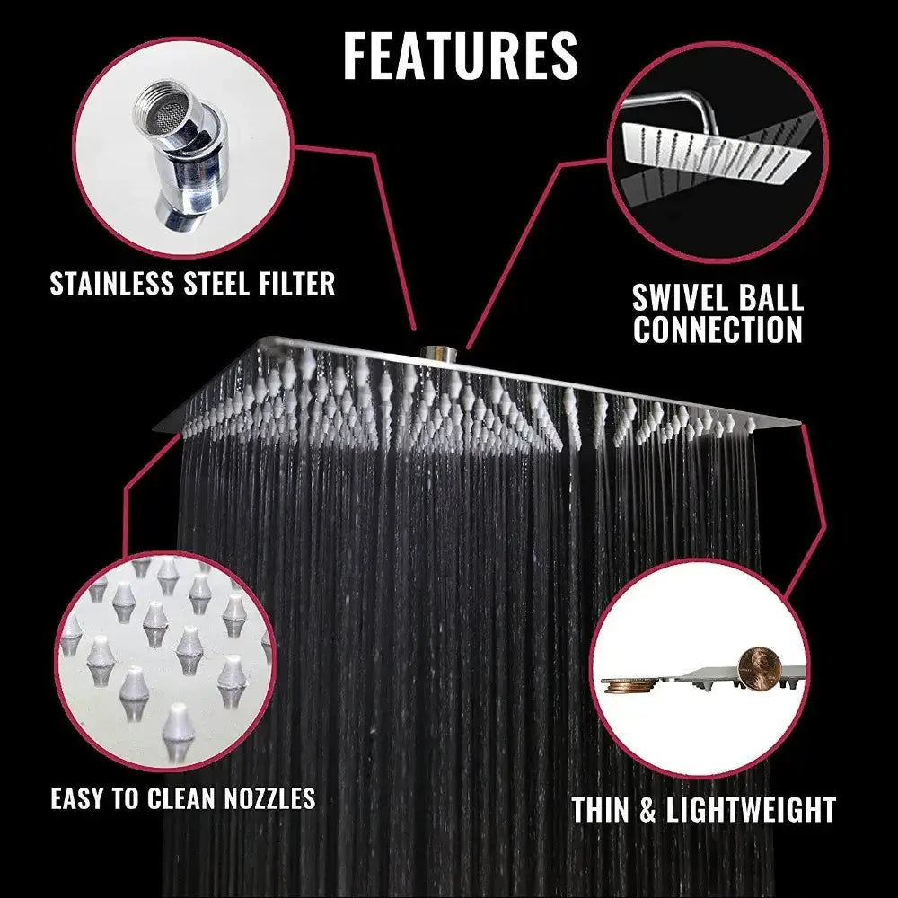 Modern chrome stainless steel rainfall shower head with square brushed finish multiple nozzles and swivel ball connection