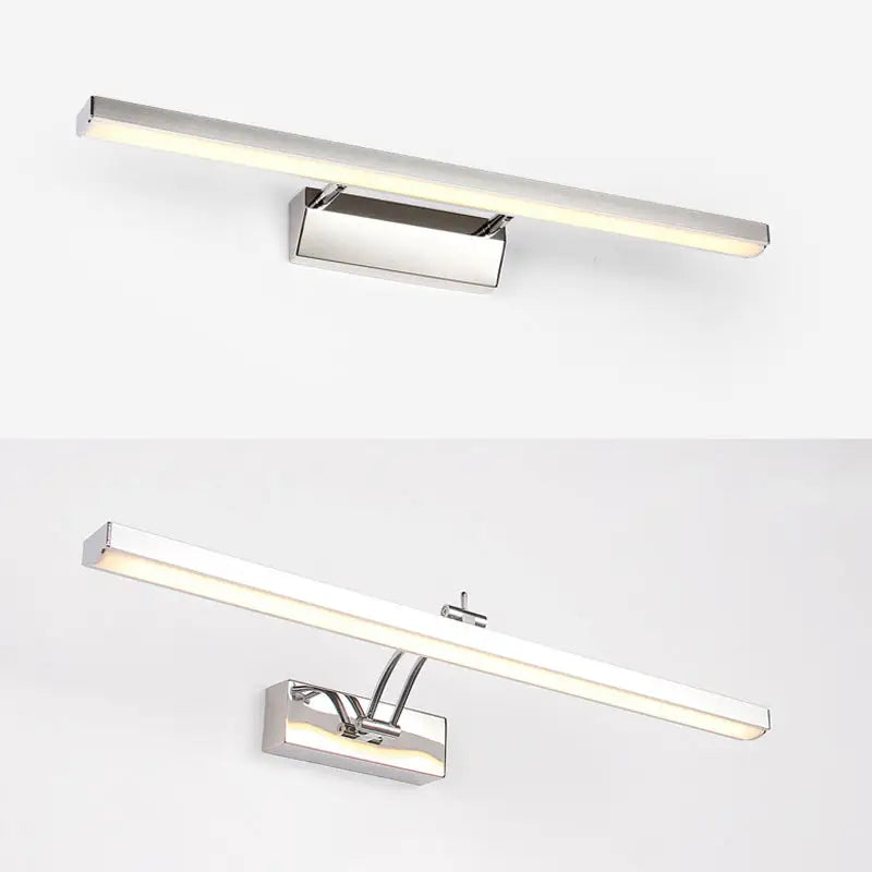 Modern chrome stainless steel stick vanity light fixture with a rectangular design and adjustable arm for bathroom use