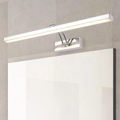 Modern chrome stainless steel stick vanity light fixture with rectangular led mirror light and adjustable arm for bathroom