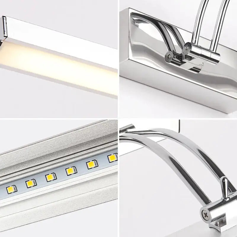 Modern chrome stainless steel stick vanity light fixture with adjustable arms and sleek rectangular LED design for bathroom