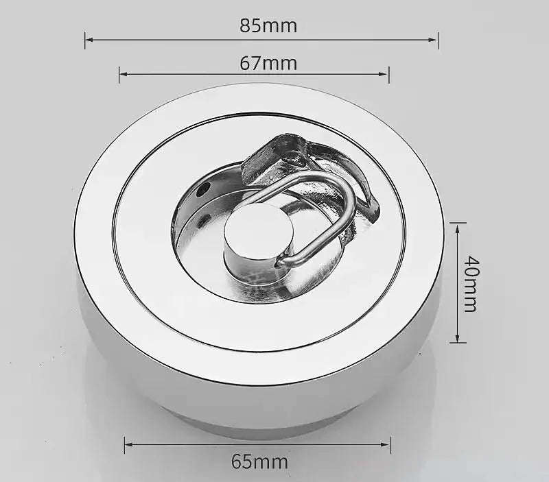 Modern chrome swimming pool fishbowl drain with circular chrome magnetic stopper and integrated locking decorbites brass chrome
