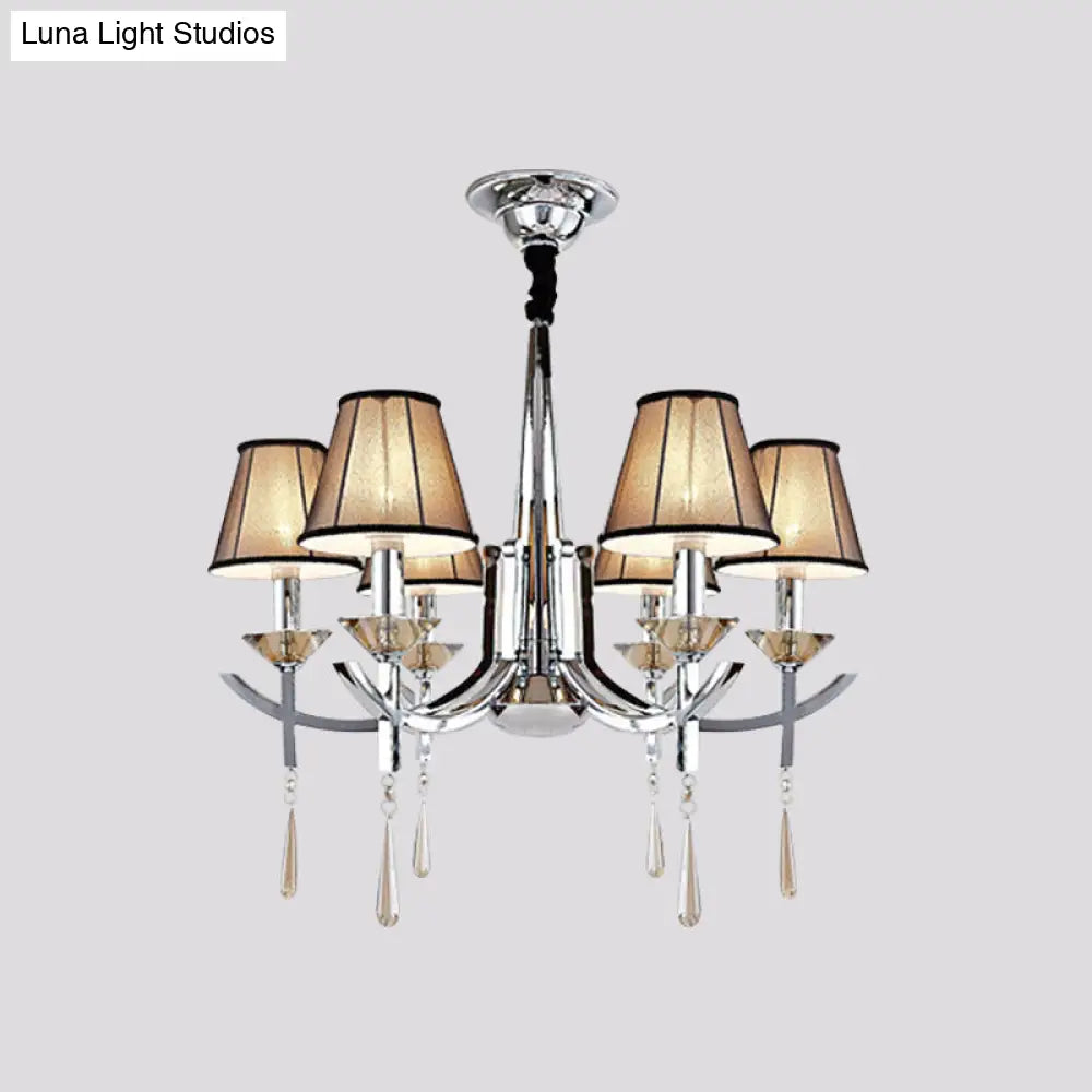 Lámpara de techo colgante cónica moderna cromada con 6 luces, pantalla de tela y gotas de cristal - Lámpara de techo para dormitorio