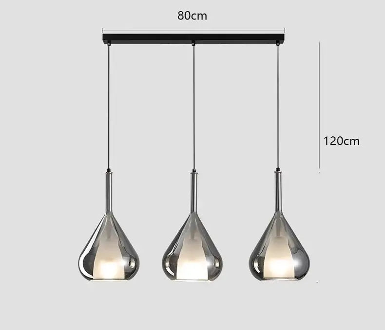 Modern chrome chandelier pendant lights with sleek black bar and teardrop glass shades for dining room lighting