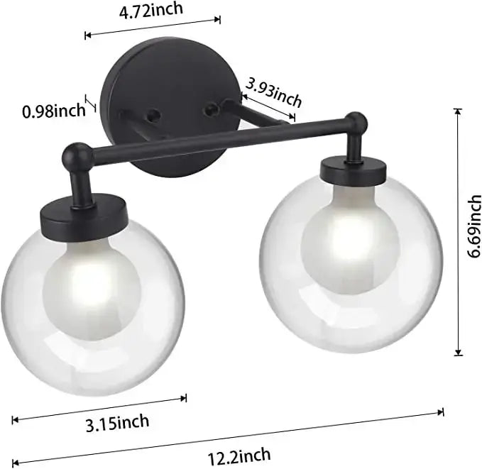 Modern chrome three light iron wall lamps with black metal frame and clear glass globes for bathroom vanity use