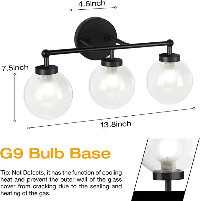 Black metal iron wall lamps with three clear glass globe bulbs modern bathroom vanity fixture