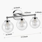 Modern chrome three light iron wall lamps with clear glass globe shades for bathroom vanity lighting