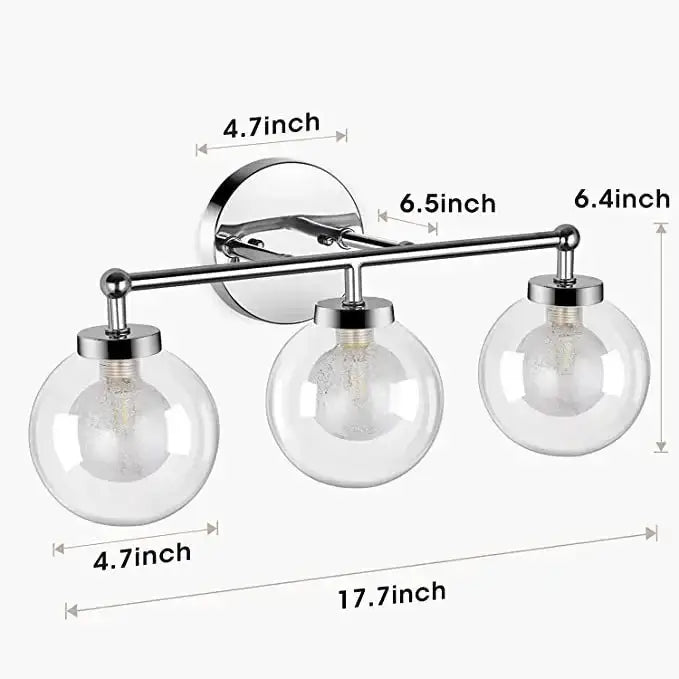Modern chrome three light iron wall lamps with clear glass globe shades for bathroom vanity lighting