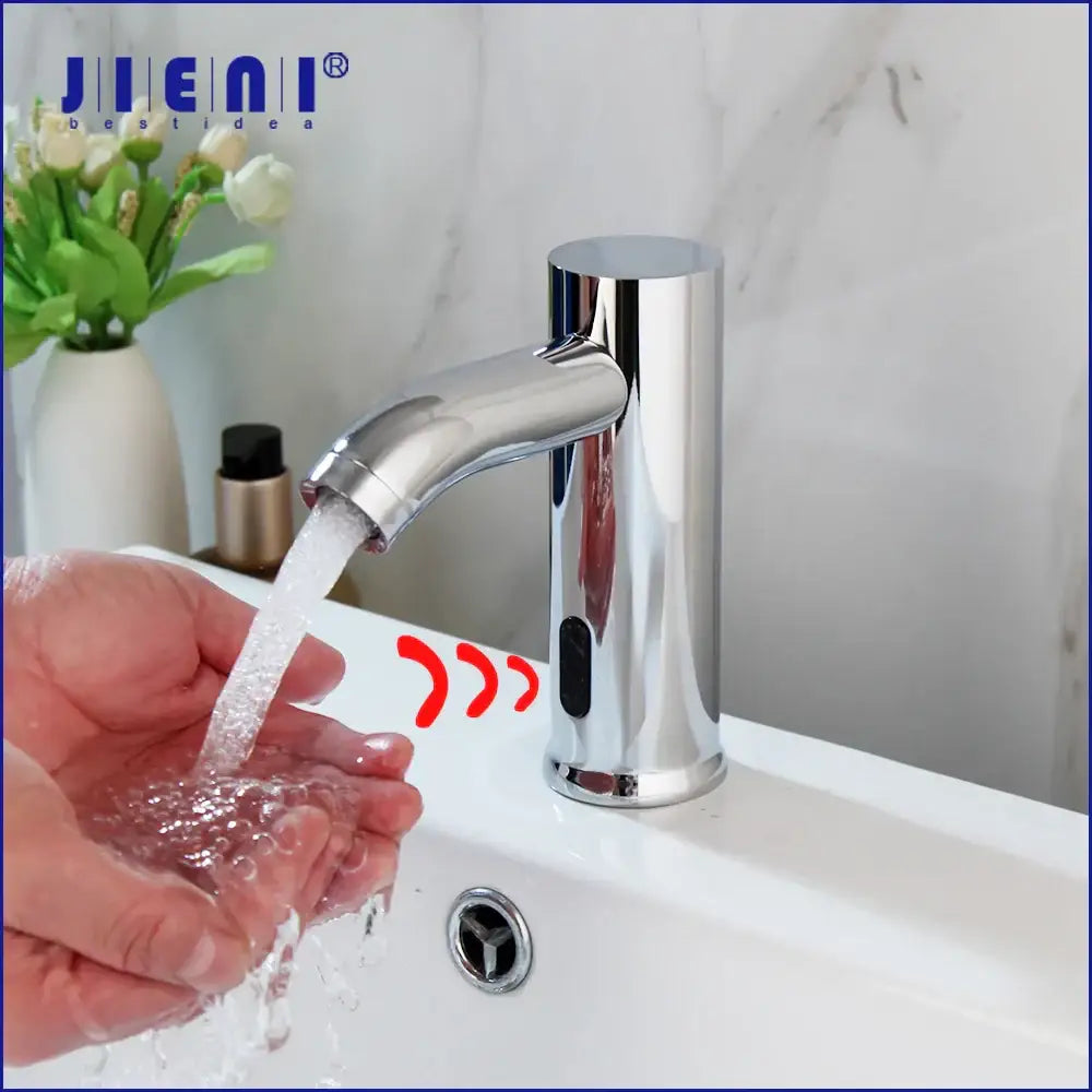 Modern chrome touch sensor basin faucet by jienai with sleek cylindrical body and automatic touch sensor feature