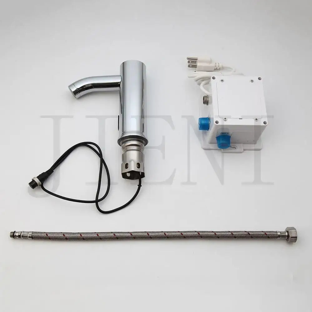 Modern chrome touch sensor basin faucet with automatic touch sensor and integrated wiring for electronic operation
