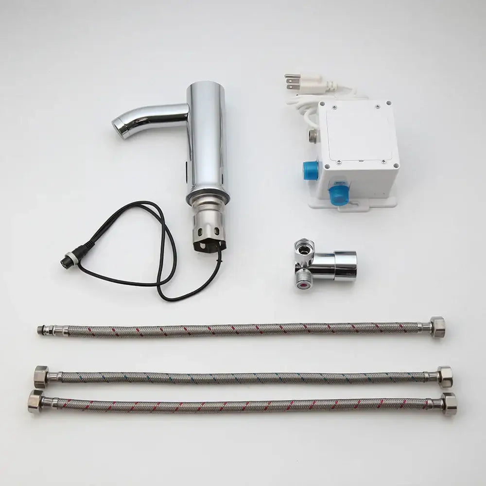 Modern chrome touch sensor basin faucet with automatic touch sensor, cylindrical design, control box, and plumbing fittings