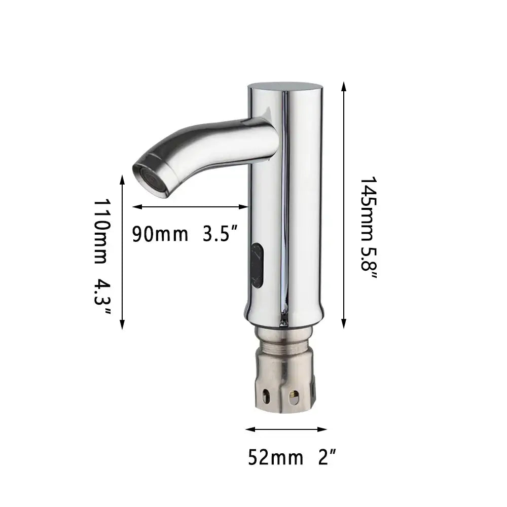 Modern chrome touch sensor basin faucet with sleek cylindrical body and curved spout for automatic touch sensor use