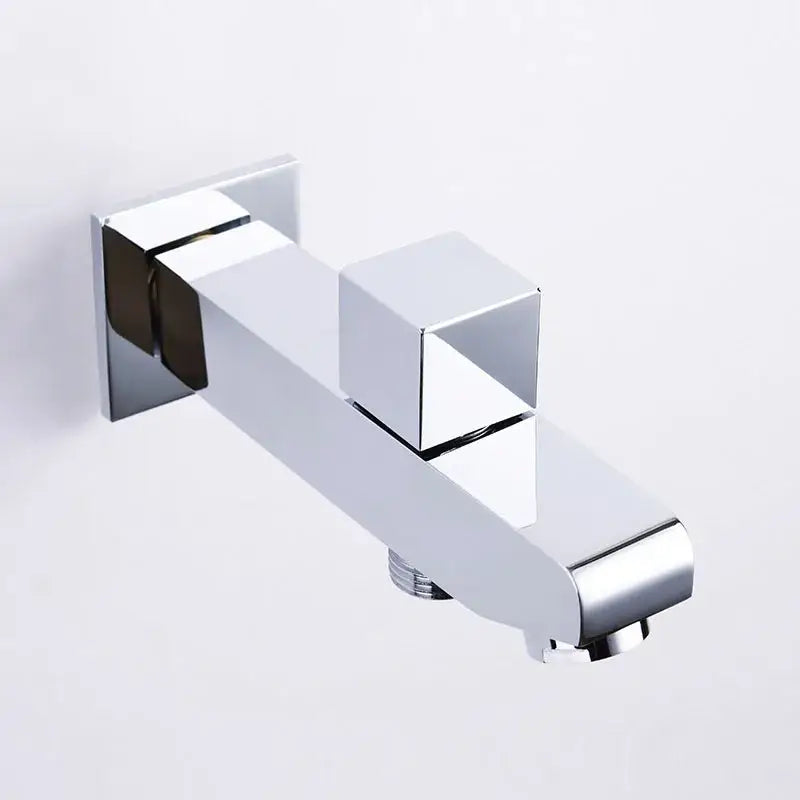 Modern chrome tub spout filler with sleek square handles and minimalist geometric spout for bathroom use