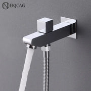 Modern chrome tub spout filler with wall-mounted bidet spray featuring a sleek square handle and flexible hose