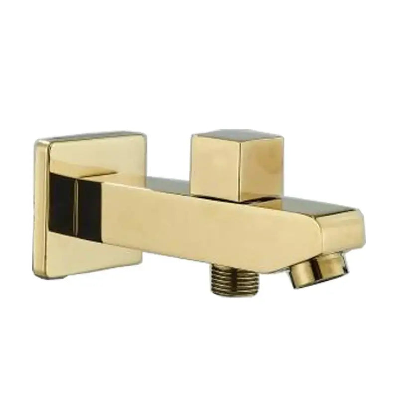 Gold-colored modern tub spout filler with sleek rectangular design and two square handles for bathroom use