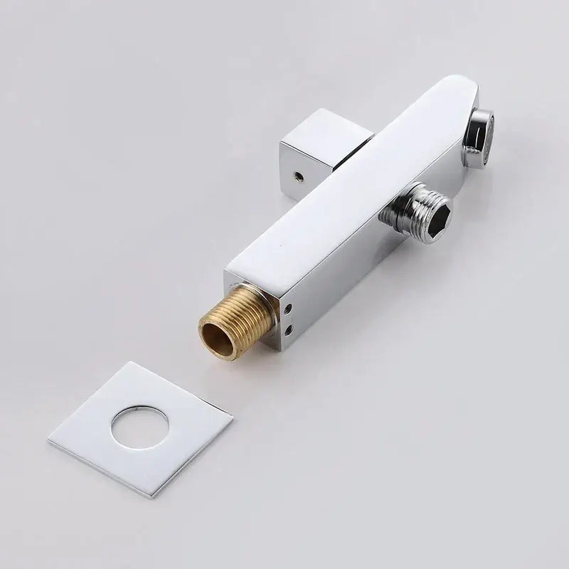 Modern chrome tub spout filler with brass threaded connections and square mounting plate for bathroom use