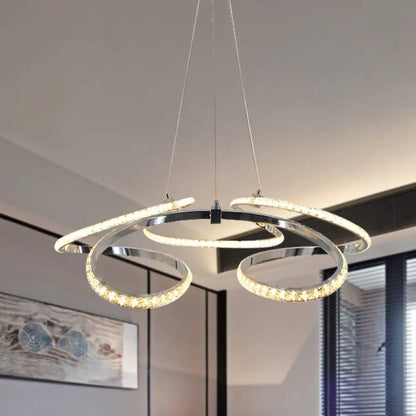 Lámpara de techo moderna cromada con diseño en espiral - Lámpara colgante LED de cristal, brillo cálido/blanco - Elegante lámpara de techo para comedor