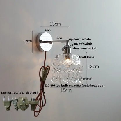 Modern chrome wall light with polished iron arm clear glass shade and crystal teardrops perfect for ceramic led wall decorbites